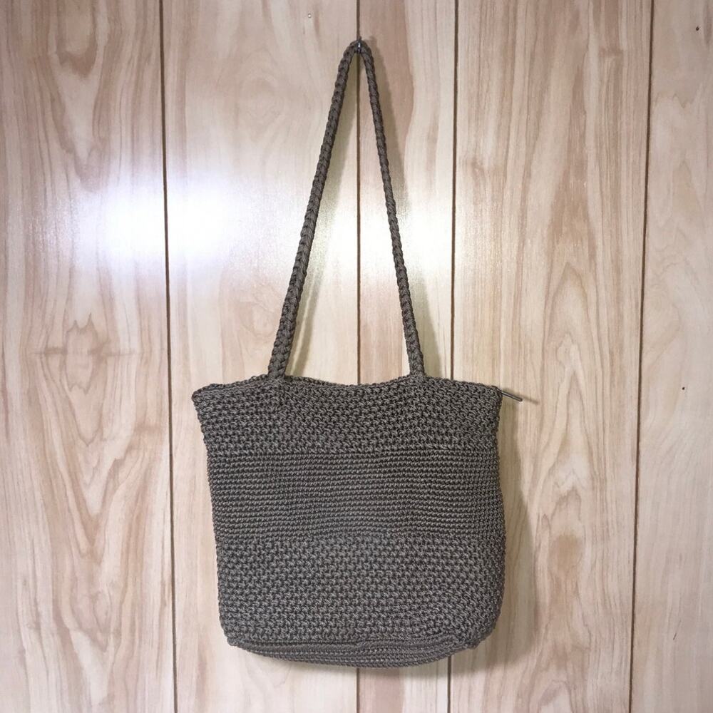 The Sak Vintage Taupe Rayon Crochet Shoulder Bag Boho Woven Knit Tote Y2K